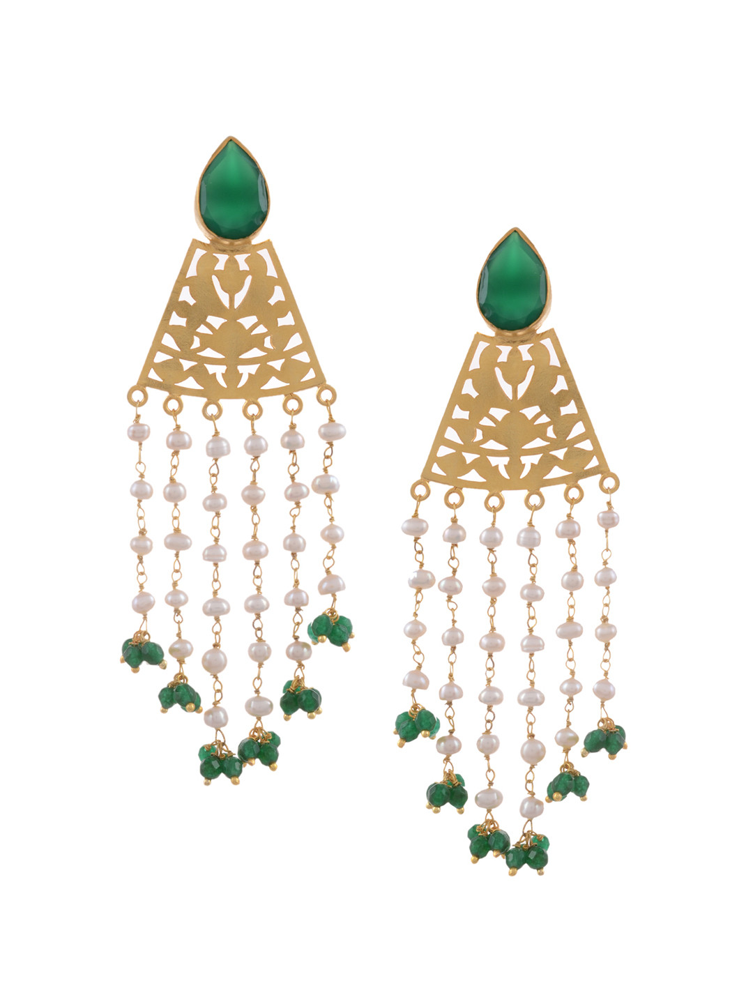 Silvermerc Designs Green & Gold-Plated Sterling Silver Onyx, Pearl Studded Drop Earrings