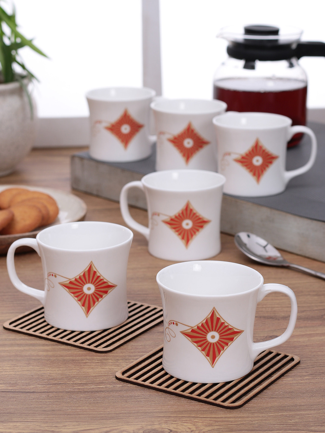 CLAY CRAFT White Ethnic Motifs Bone China Handmade 6 Piece Mugs-150ml