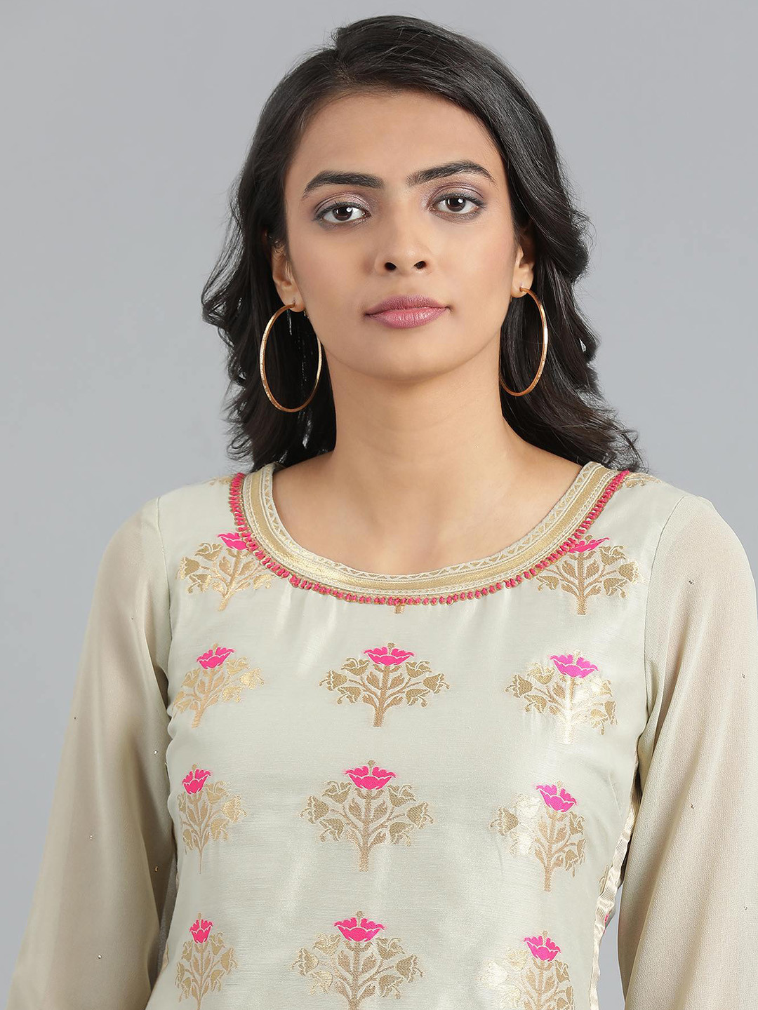 WISHFUL Women Grey & Pink Woven Design Jacquard Straight Kurta