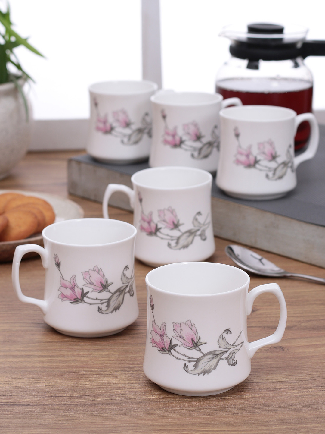 CLAY CRAFT Nora White Floral Bone China Microwave Safe 6 Piece Mugs-180ml