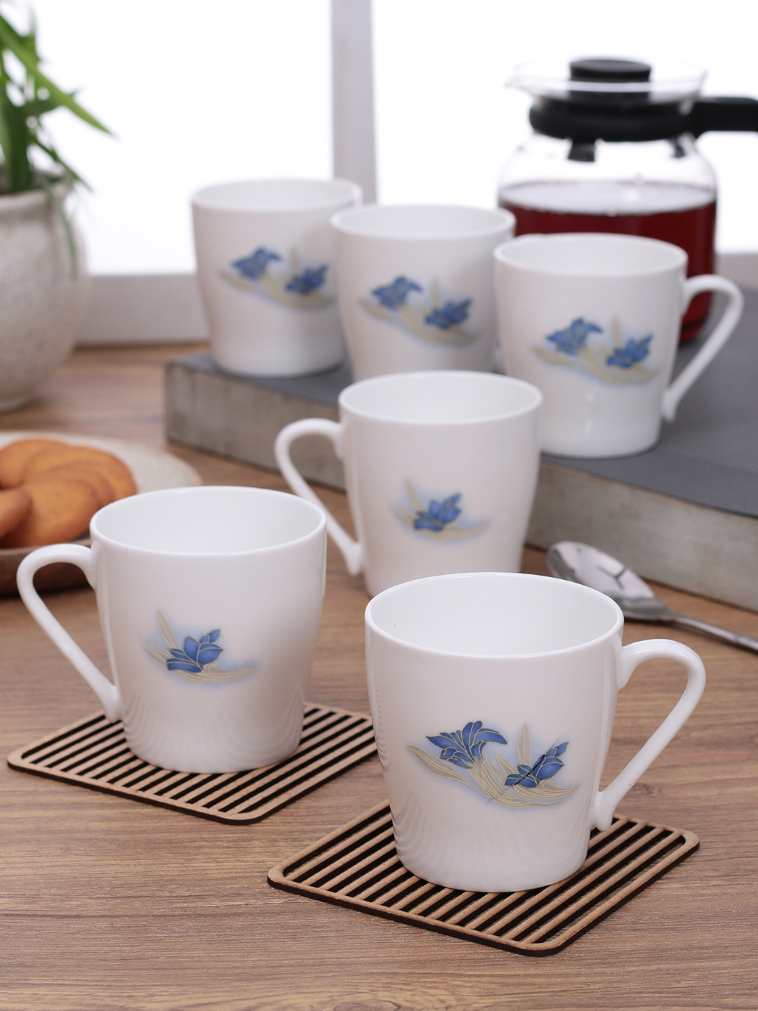 CLAY CRAFT Whatever White Floral Bone China Handmade 6 Piece Mugs-180ml