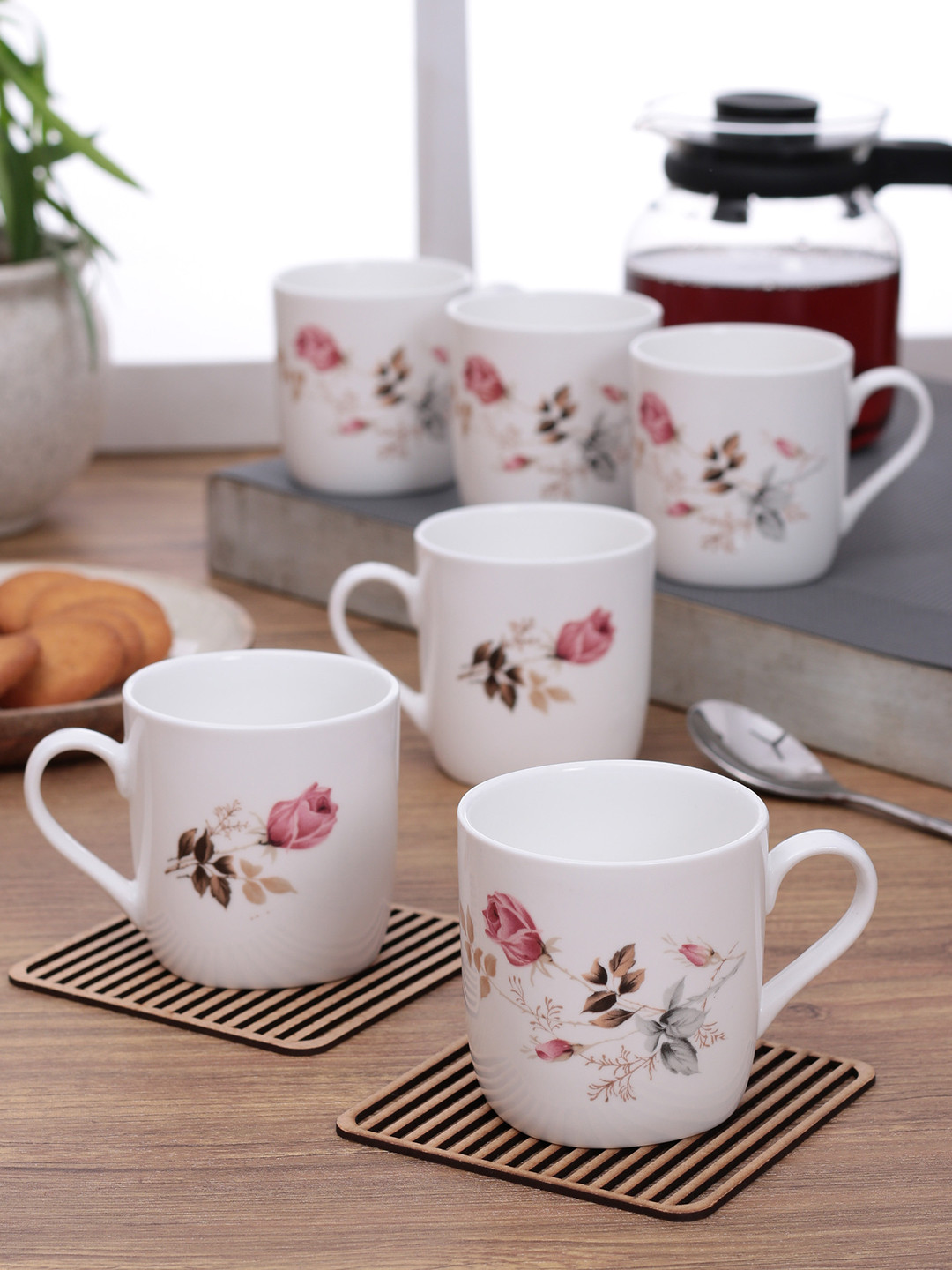 CLAY CRAFT White Floral Bone China Microwave Safe 6 Piece Mugs-200ml