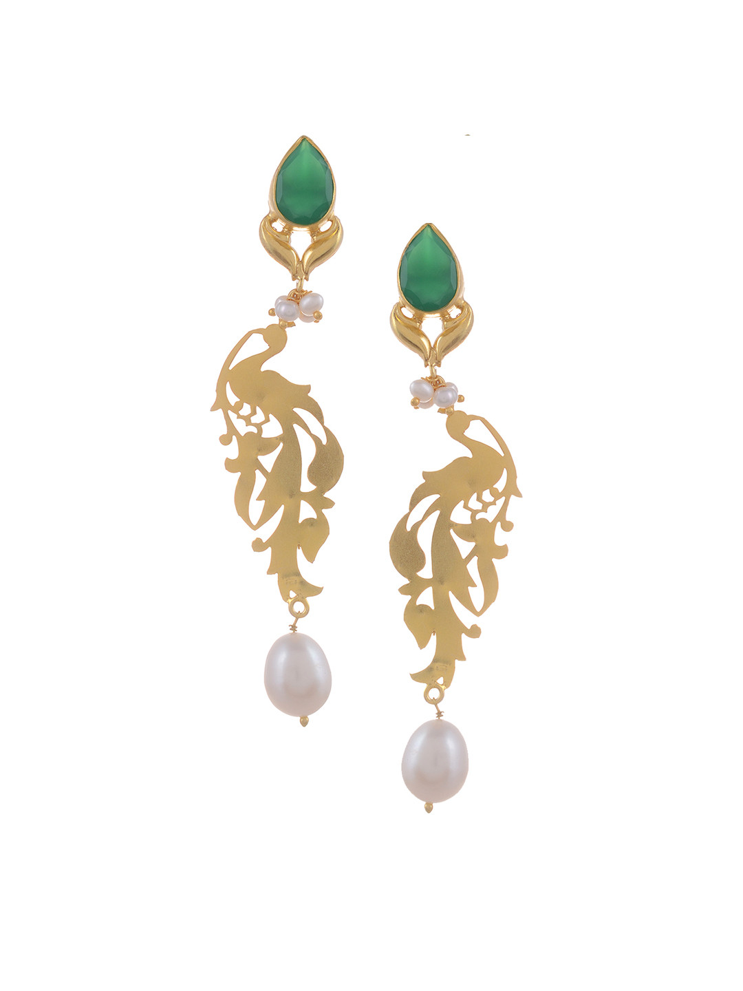 Silvermerc Designs Green & Gold-Plated Onyx & Pearl Studded Sterling Silver Drop Earrings