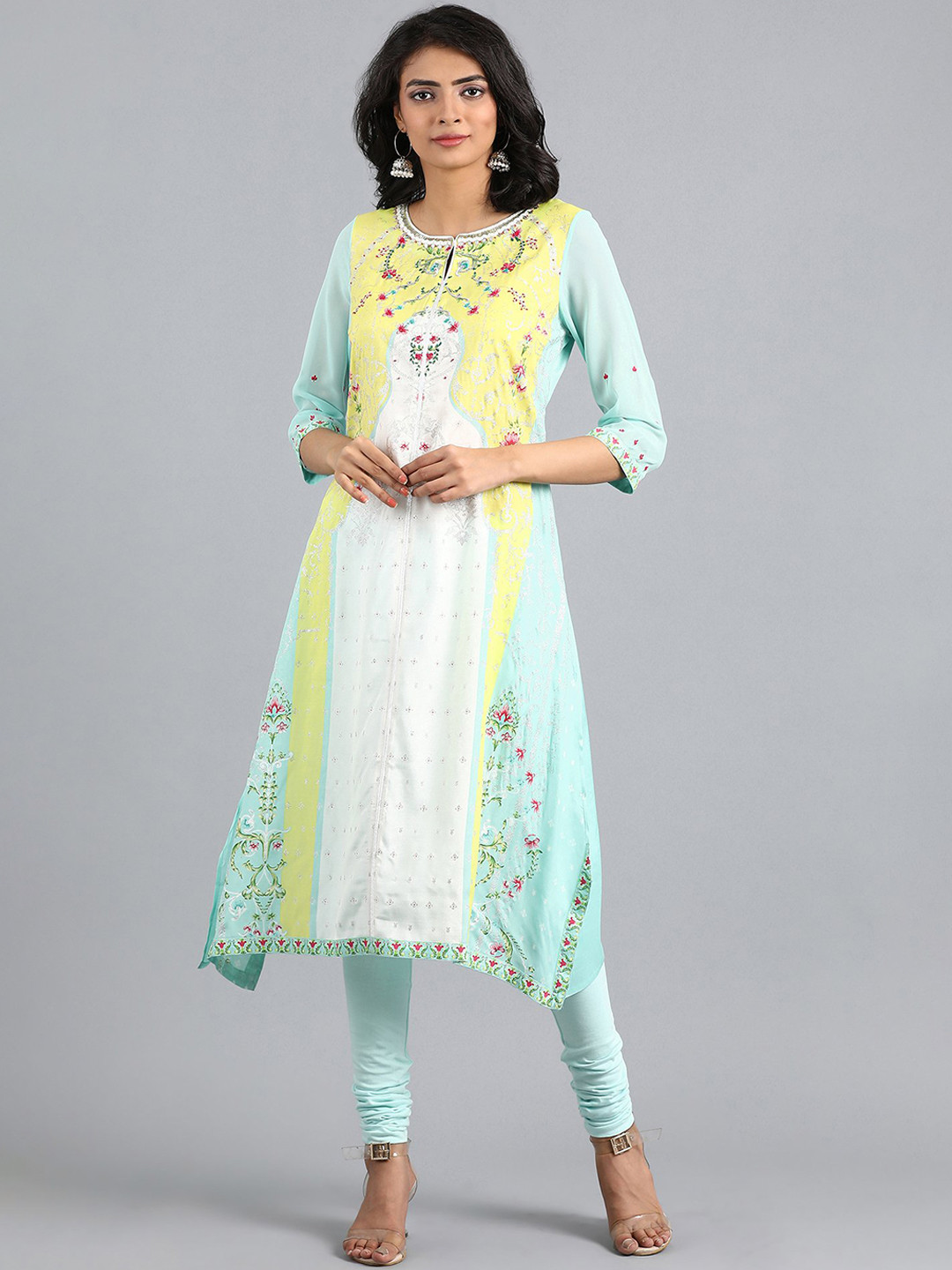 WISHFUL Women Turquoise Blue & Yellow Embroidered A-Line Kurta
