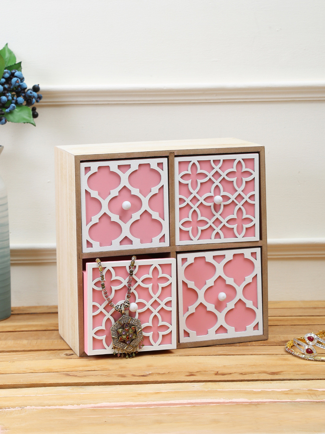 Aapno Rajasthan Unisex Pink & Brown Wooden Jewellery Hoarder Box