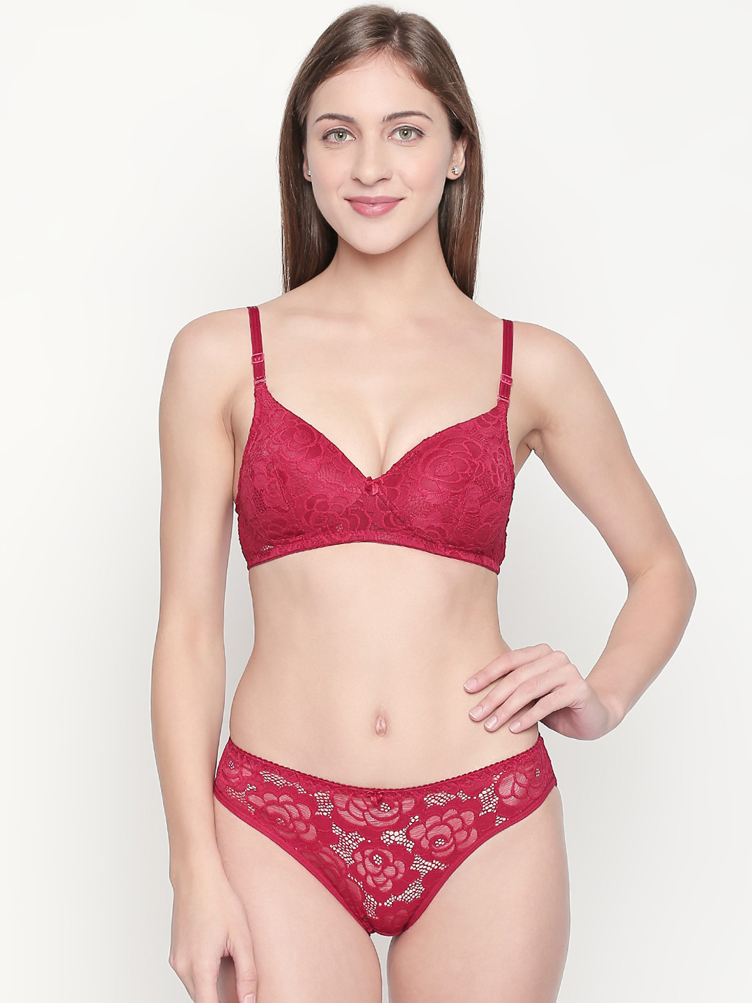 Lady Love Women Maroon Lace Lingerie Set LLSET1030