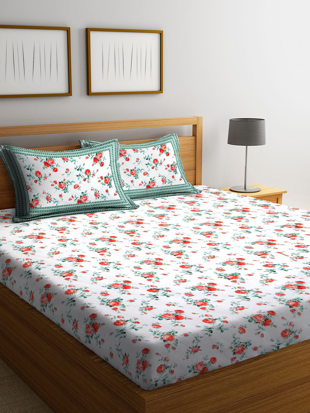 Rajasthan Decor White & Red Floral 144 TC Cotton 1 King Bedsheet with 2 Pillow Covers