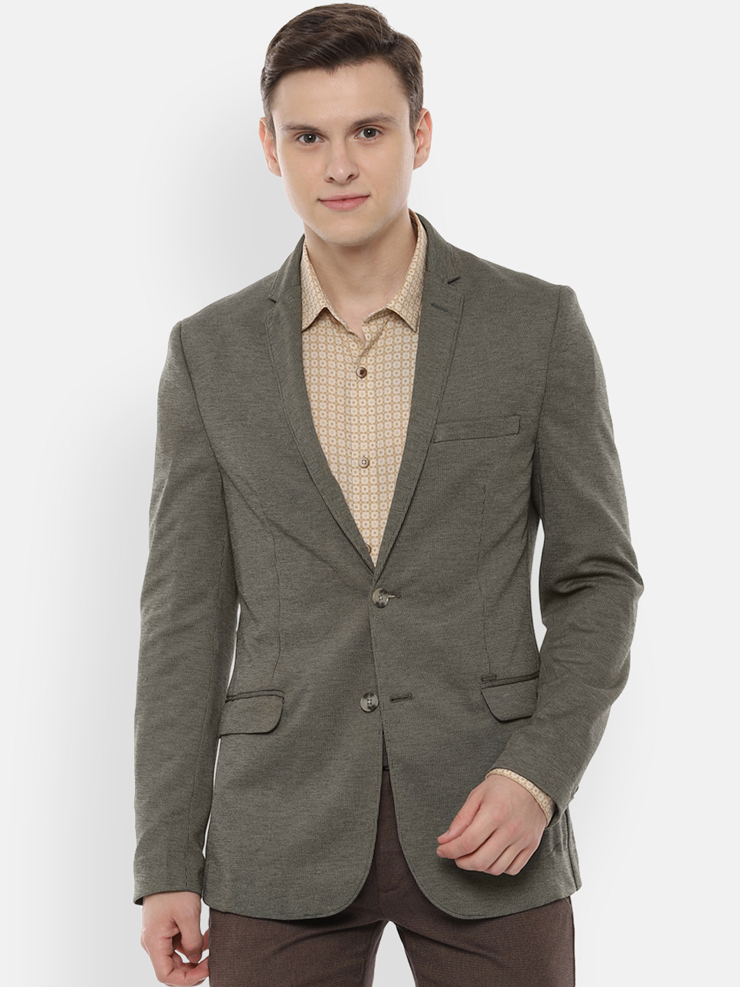 Van Heusen Sport Men Olive Green Self-Design Slim Fit Single-Breasted Blazer
