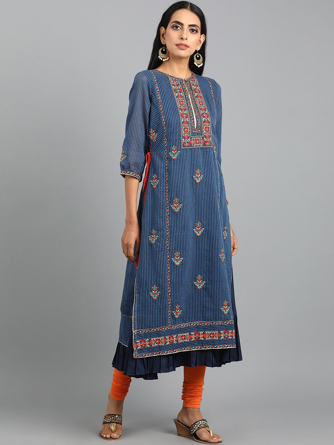 WISHFUL Women Navy Blue & Orange Printed A-Line Kurta