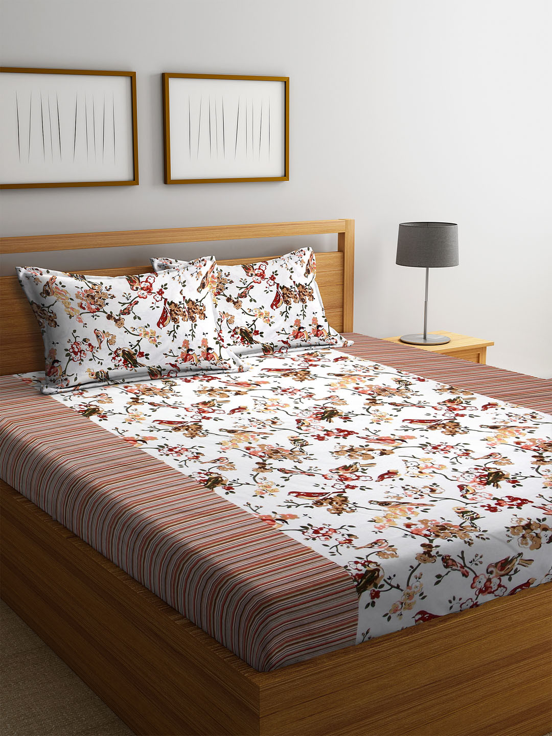 Rajasthan Decor White & Beige Abstract 144 TC Cotton 1 Queen Bedsheet with 2 Pillow Covers