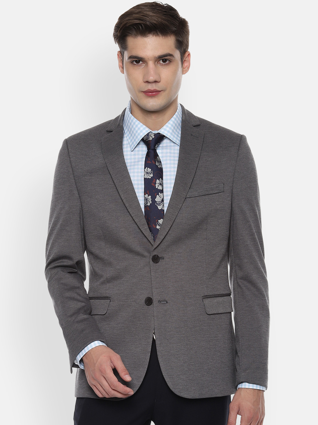 Van Heusen Men Grey Self-Design Slim-Fit Single-Breasted Blazer
