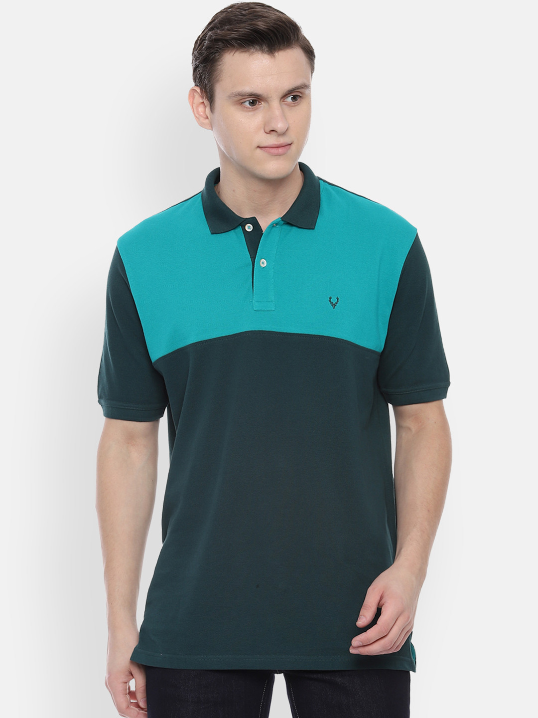 Allen Solly Men Green Colourblocked Polo Collar Pure Cotton T-shirt