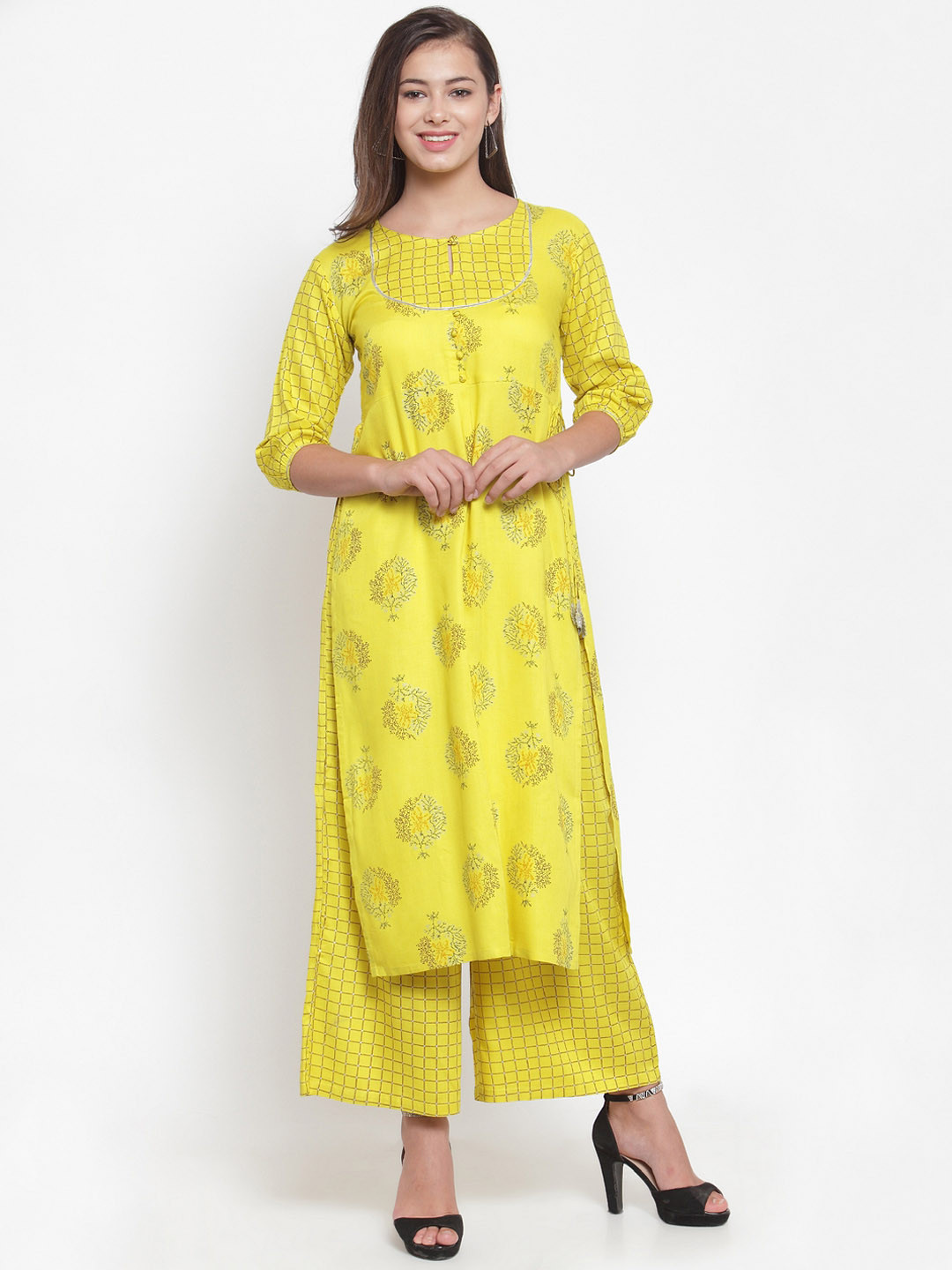 Indibelle Women Yellow Foil Printed Straight Kurta