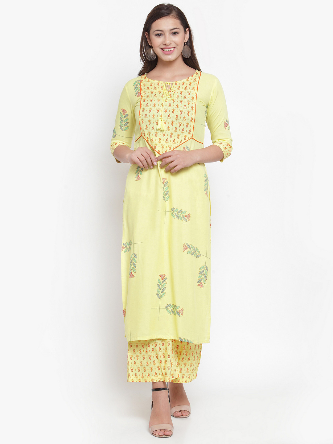 Indibelle Women Yellow & Orange Block Print Straight Kurta