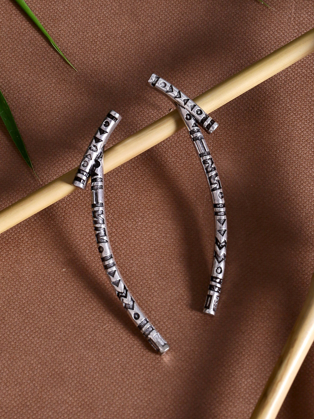 Voylla Silver-Plated & Black Oxidised Geometric Drop Earrings