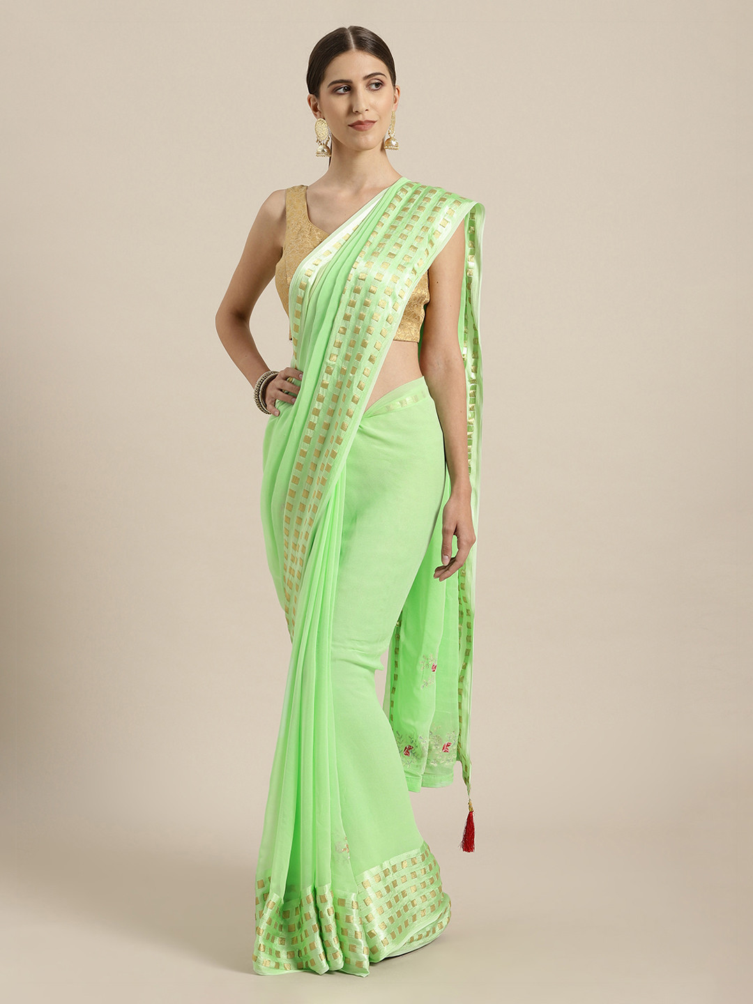 Geroo Jaipur Green Hand Embroidered Georgette Saree