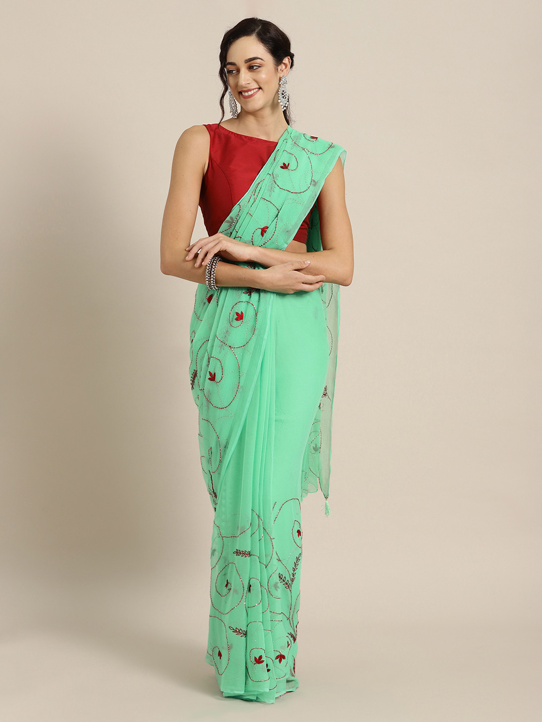 Geroo Jaipur Green Embroidered Pure Chiffon Saree