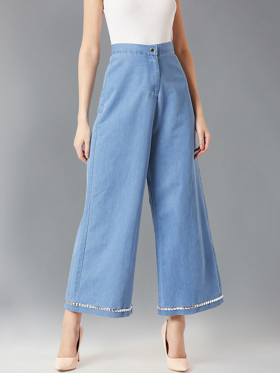 DOLCE CRUDO Women Blue Loose Fit Denim Solid Parallel Trousers