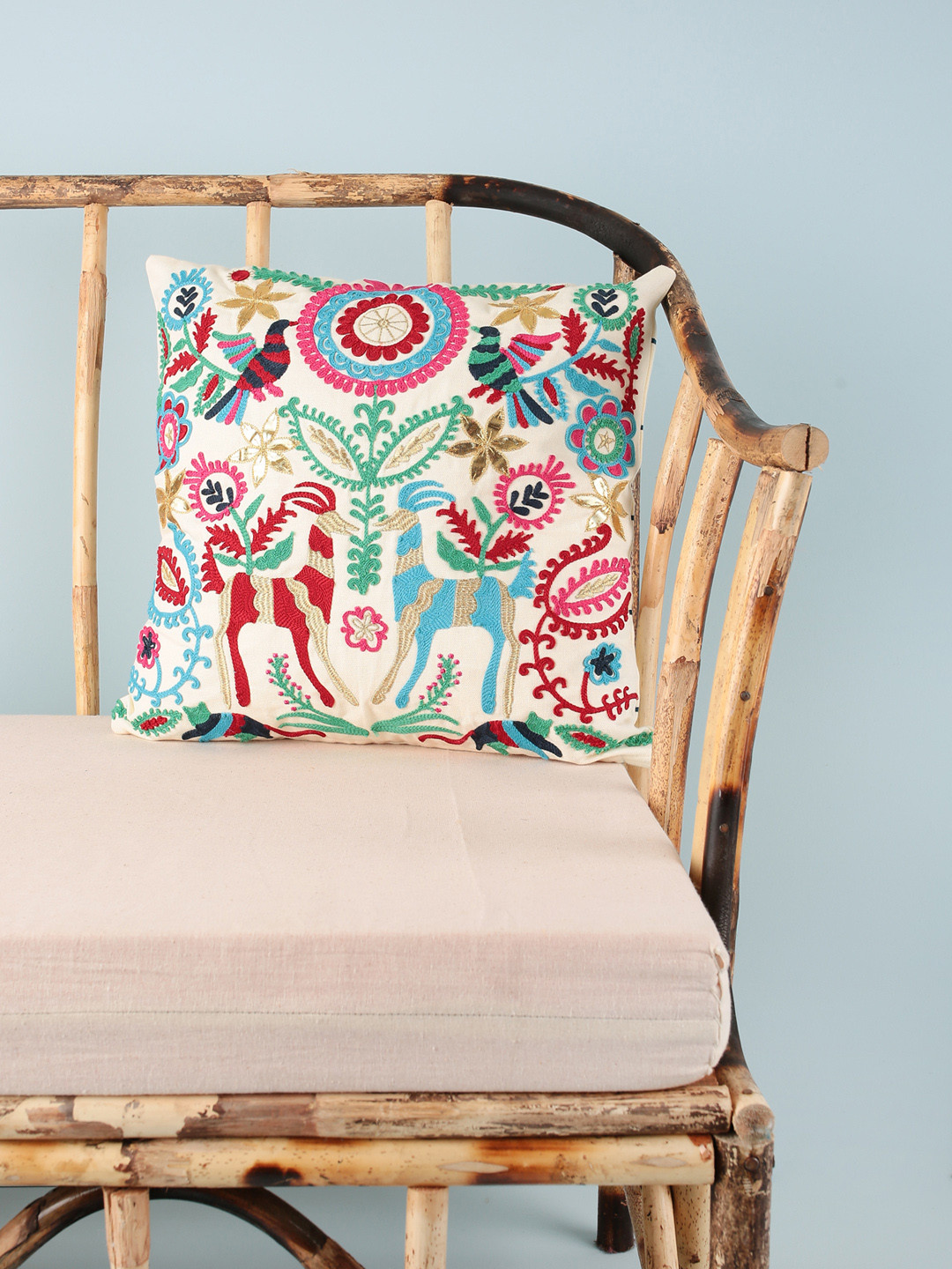 Chumbak Off-White Single Ethnic Motifs Embroidered Square Cushion Covers