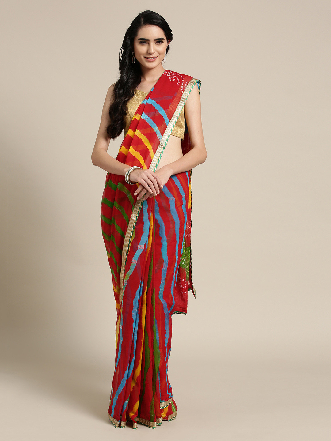 Geroo Jaipur Hand Dyed Red Bandhani Chiffon Saree