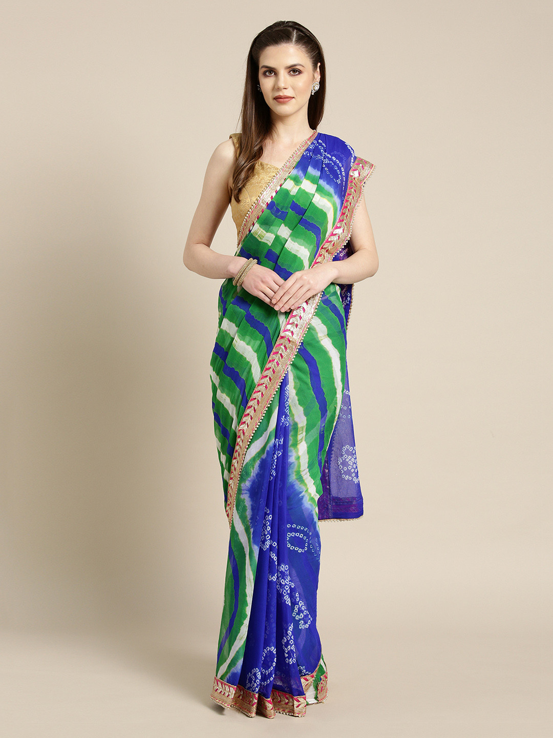 Geroo Jaipur Hand Dyed Blue & Green Bandhani Chiffon Sustainable Saree