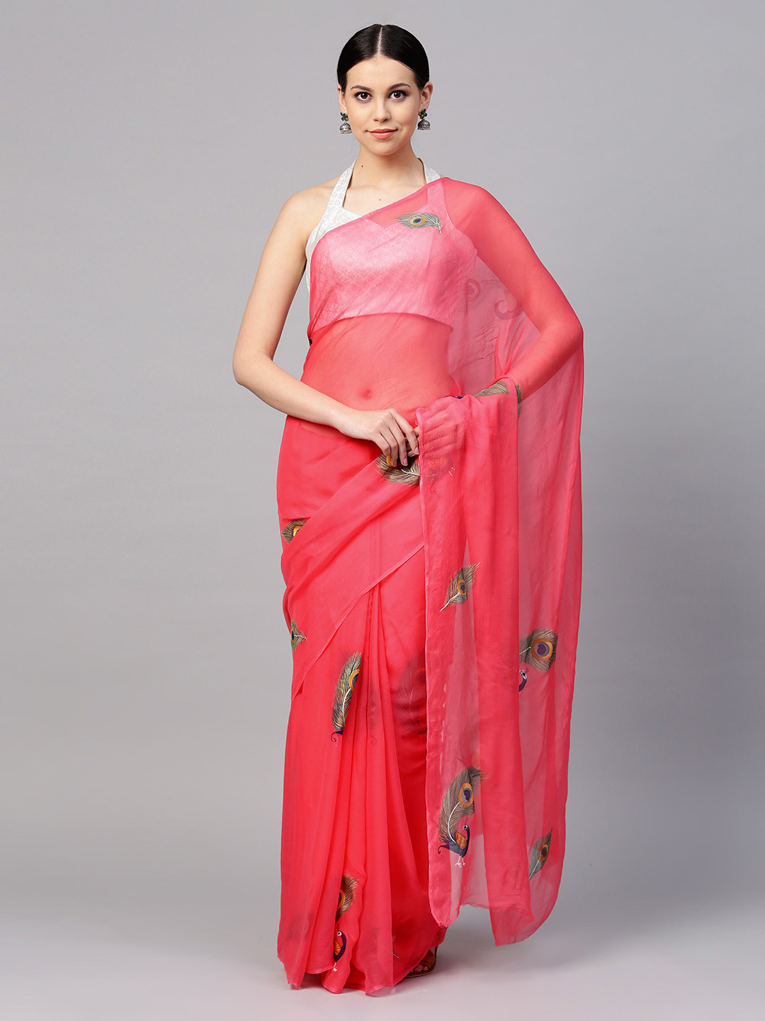 Geroo Jaipur Pink Hand Painted Pure Chiffon Sustainable Saree