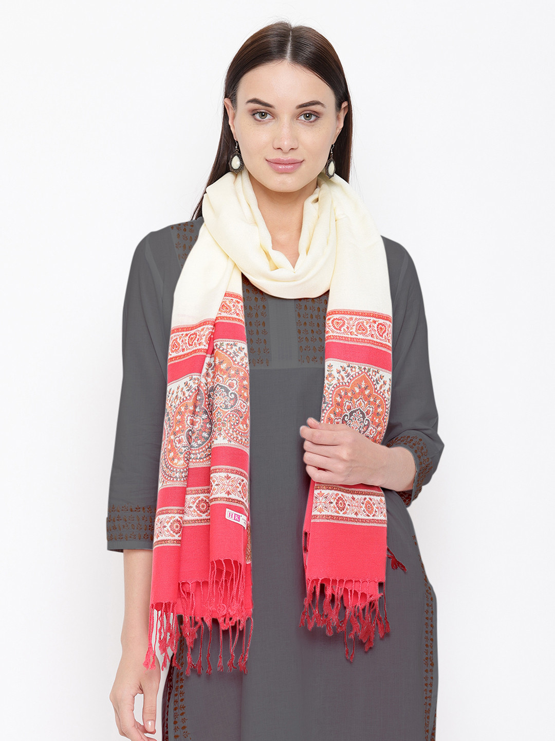 HK colours of fashion Women Off-White & Coral Pink Woven Design Stole