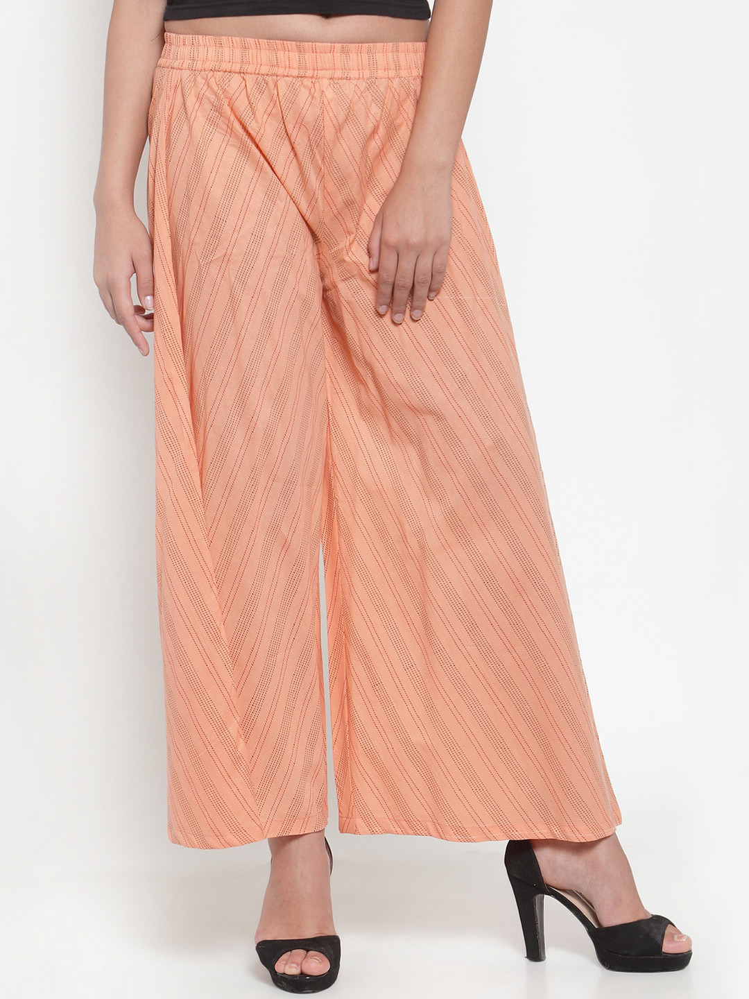 Indibelle Women Peach-Coloured Striped Wide Leg Palazzos