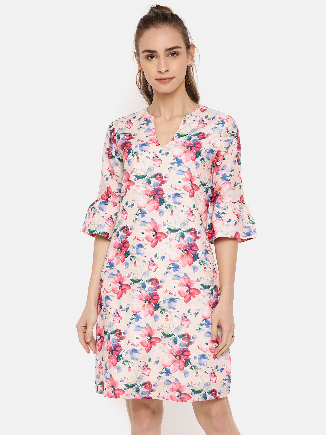 IDK Women Peach-Coloured & Blue Printed A-Line Dress