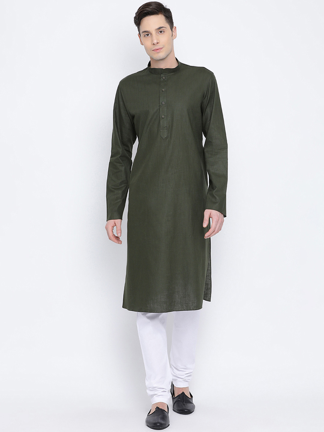 NAMASKAR Men Olive Green Solid Straight Kurta