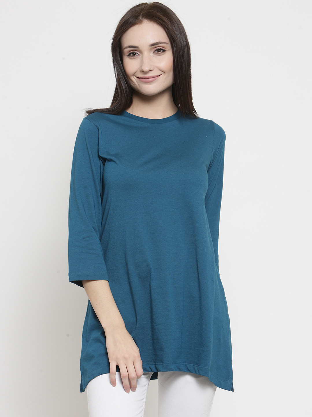 Kalt Women Teal Solid Round Neck T-shirt