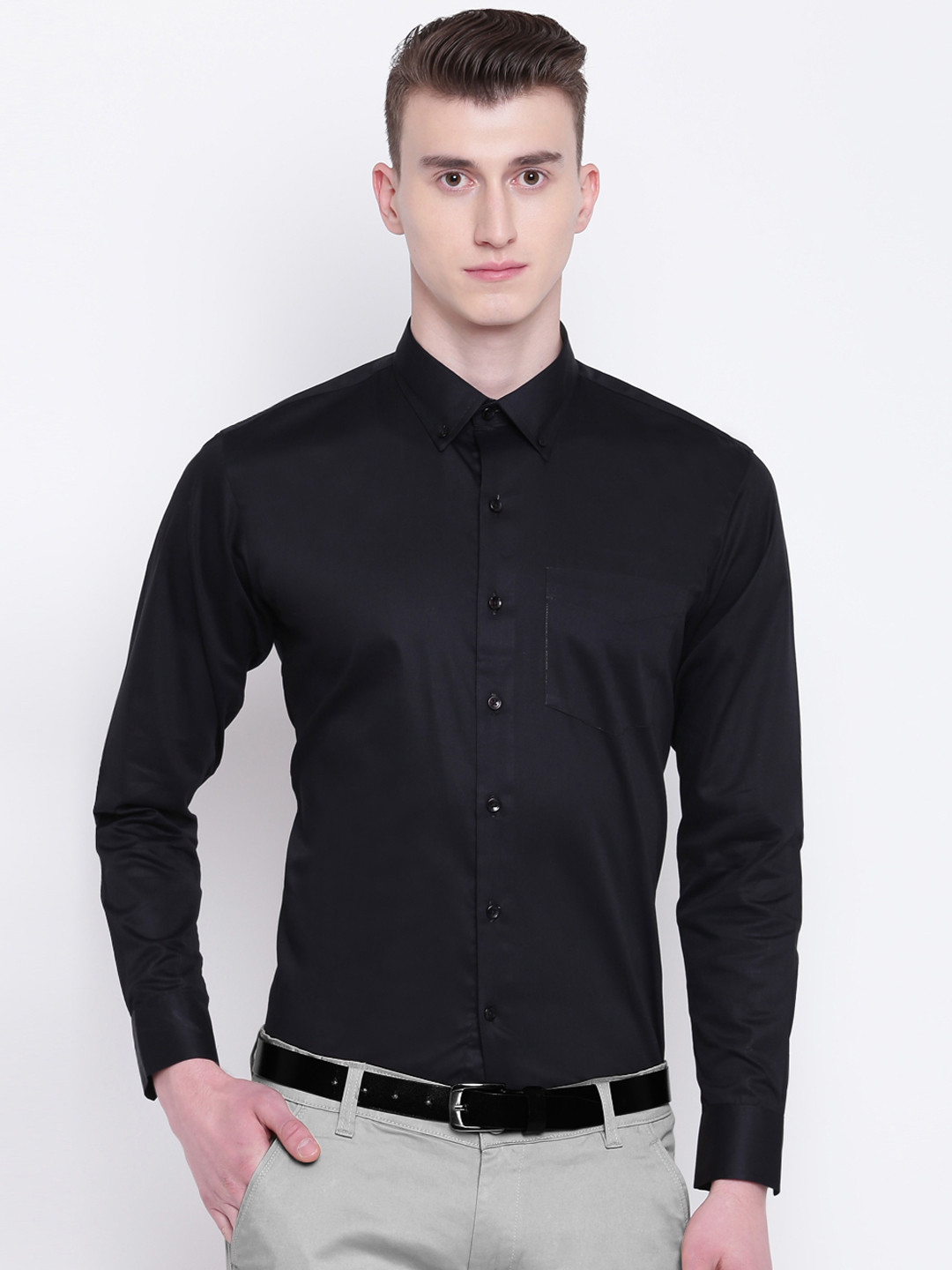 Hancock Men Black Sport Slim Fit Solid Formal Shirt