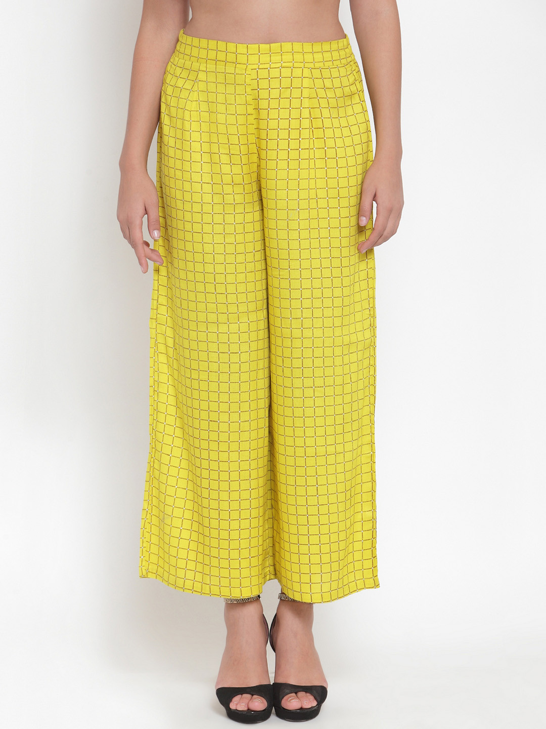 Indibelle Women Yellow Checked Straight Palazzos