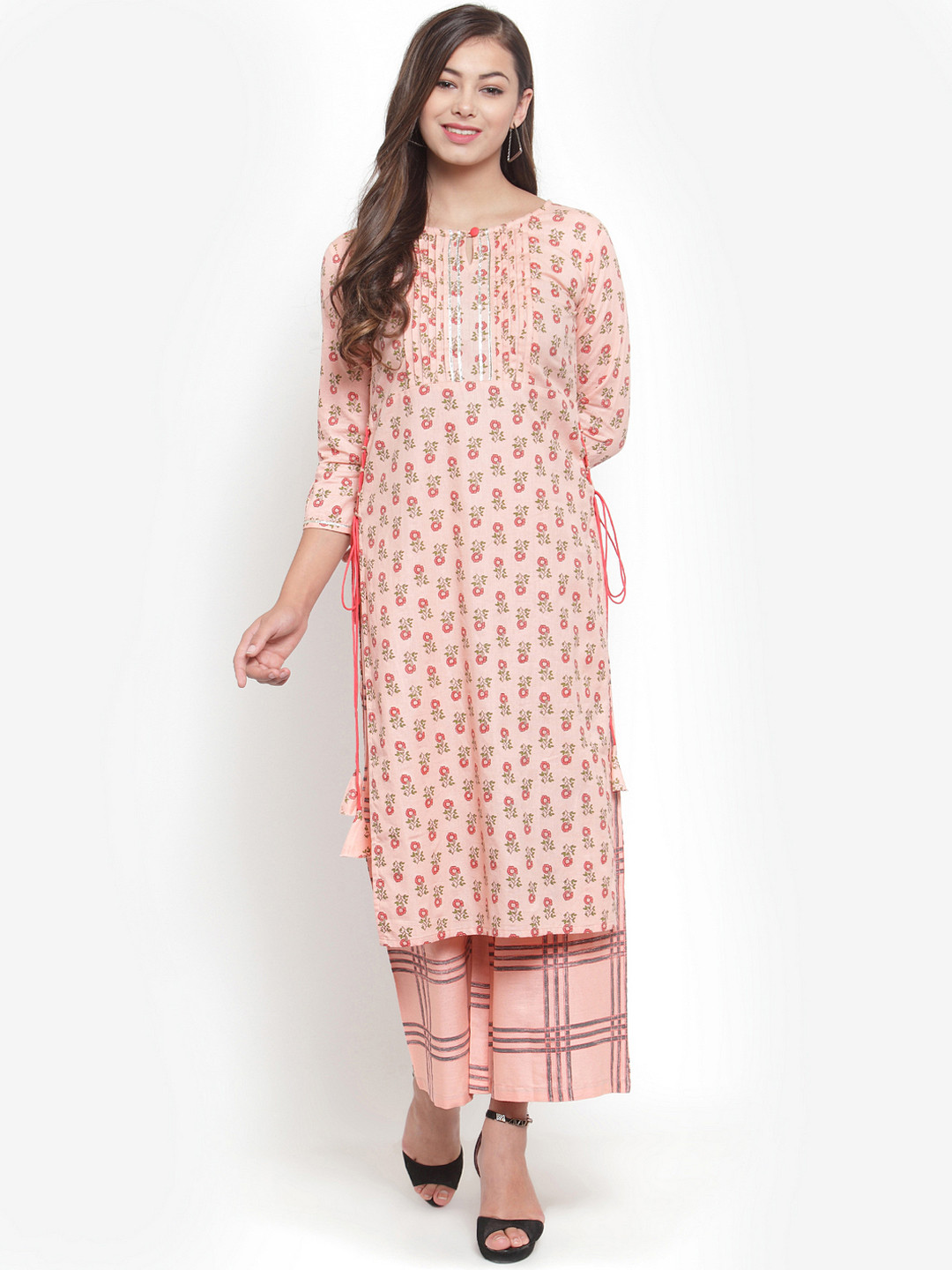 Indibelle Women Peach-Coloured & Green Printed Kurta with Palazzos