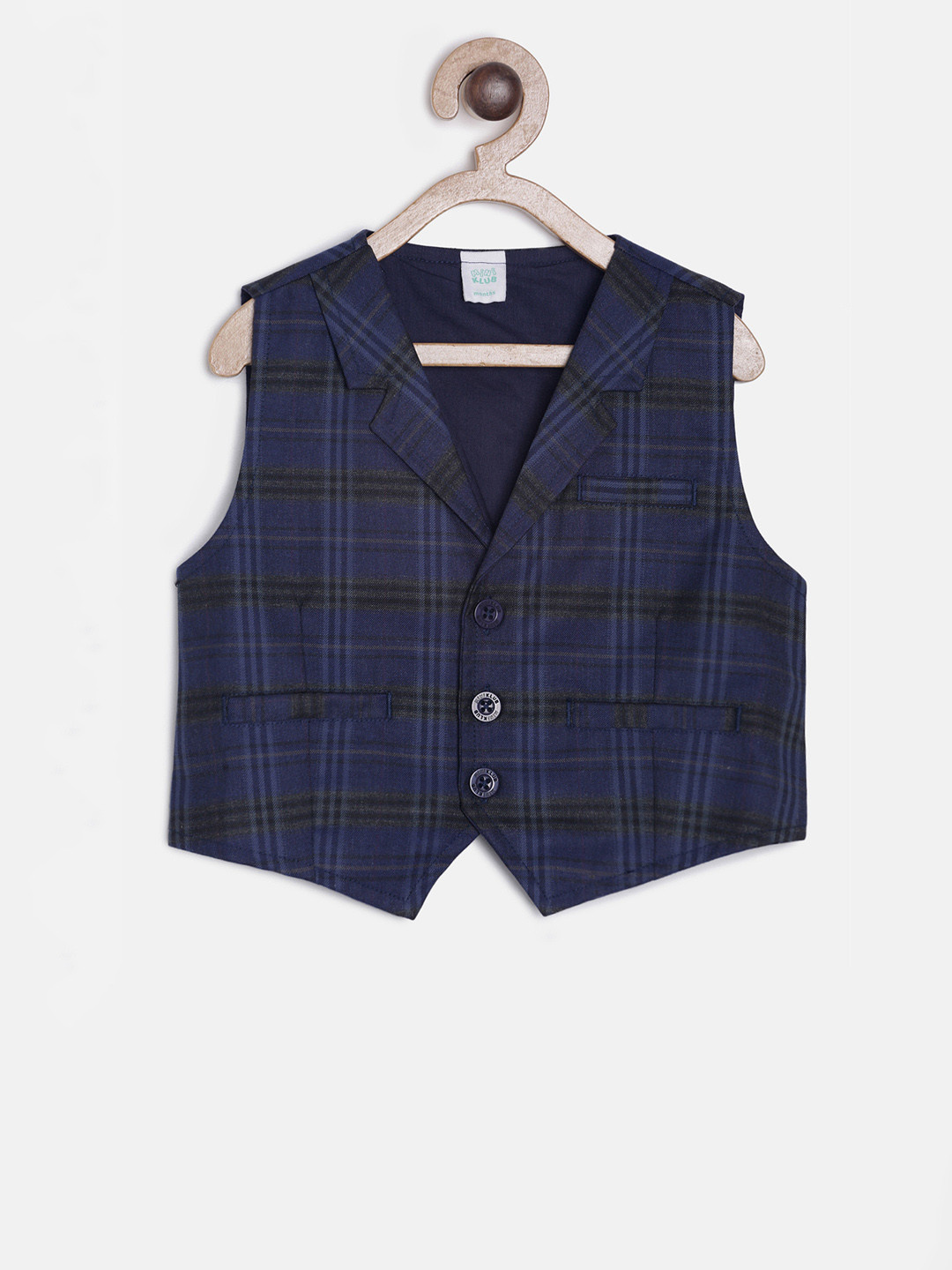 MINI KLUB Boys Blue & Grey Checked Single-Breasted Waistcoat