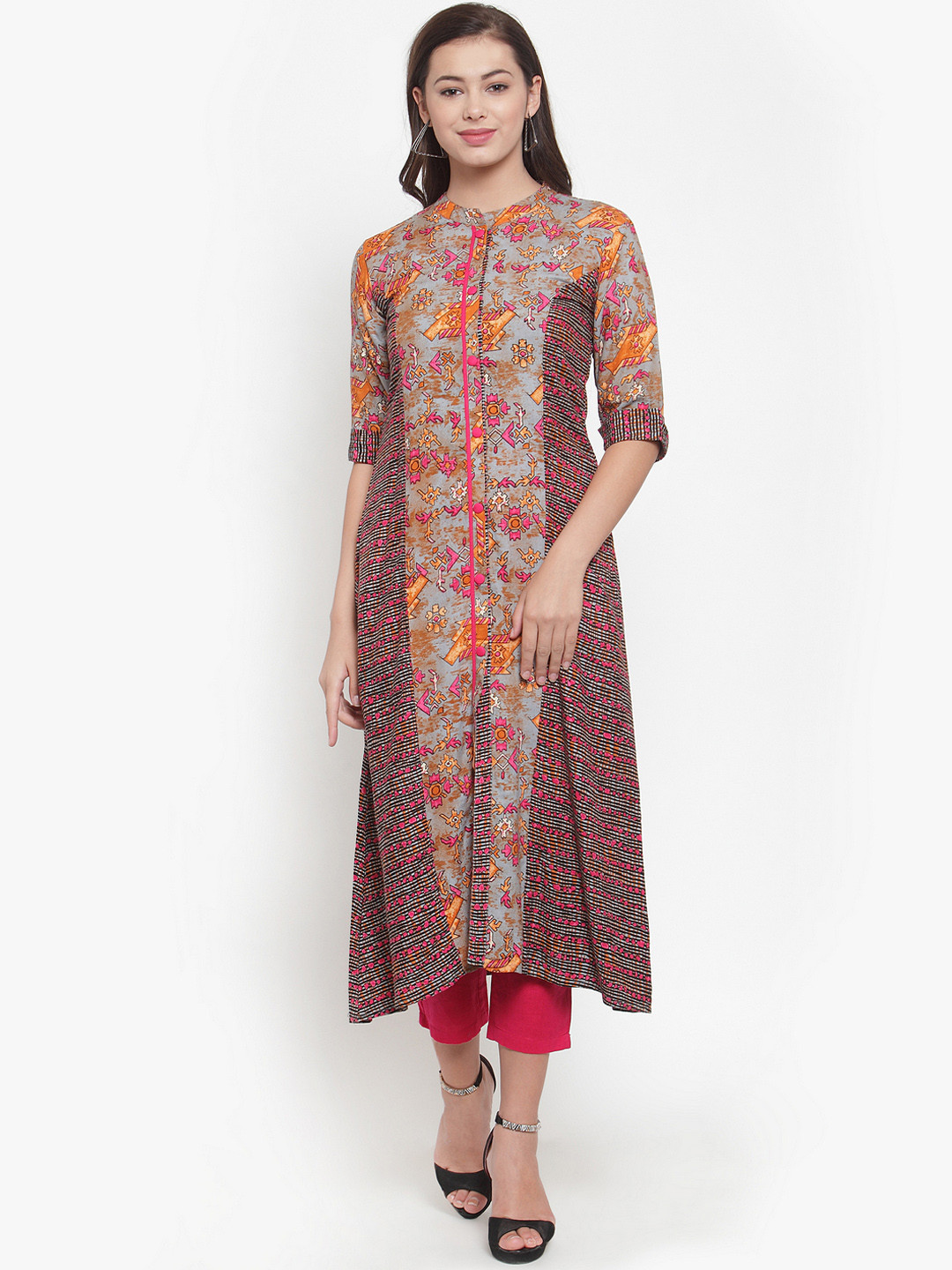 Indibelle Women Pink & Grey Printed Kurta with Trousers