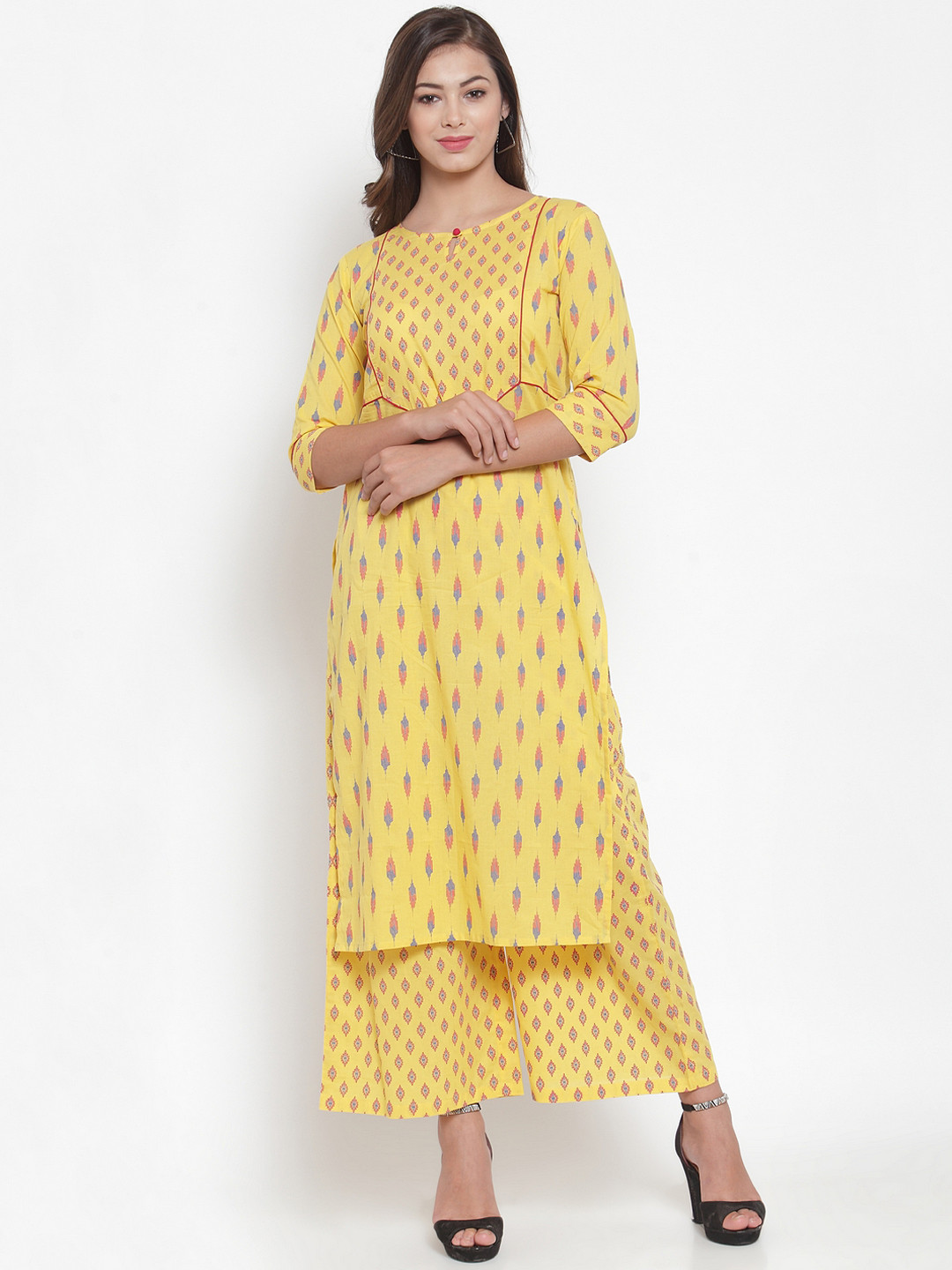 Indibelle Women Yellow & Pink Ikat Printed Kurta with Palazzos
