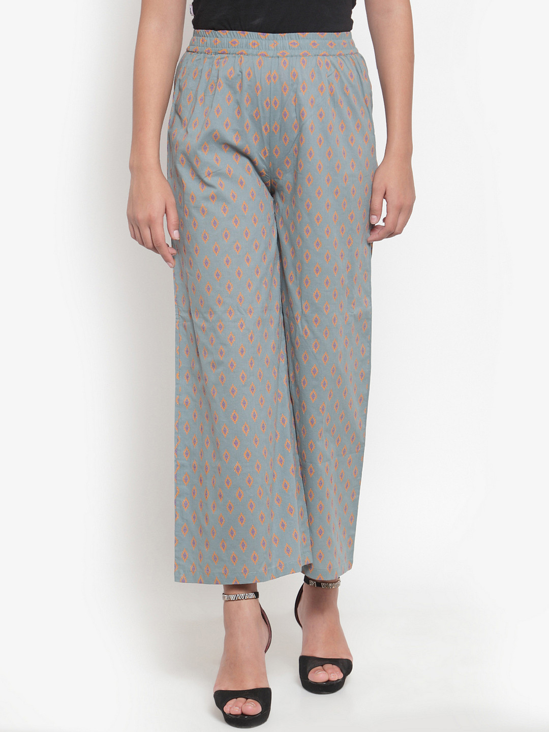 Indibelle Women Grey Ikat Printed Straight Palazzos