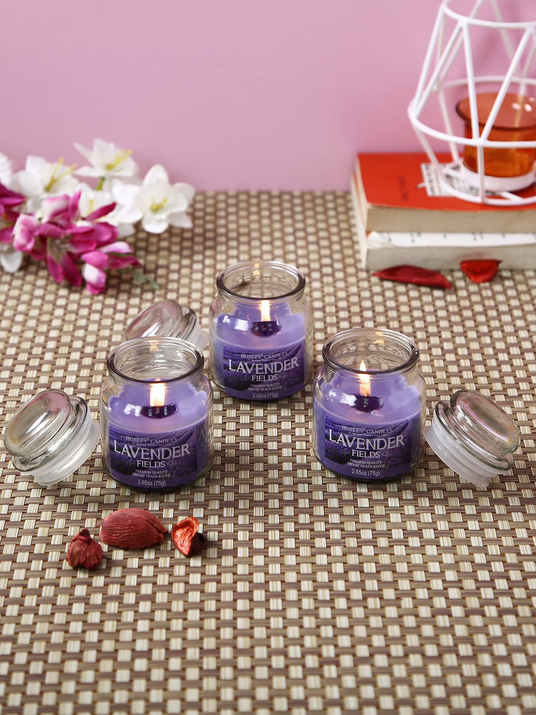HOSLEY Highly Fragranced 3Pcs 1 Wick Lavender Fields Solid Geometric Regular Jar Candles