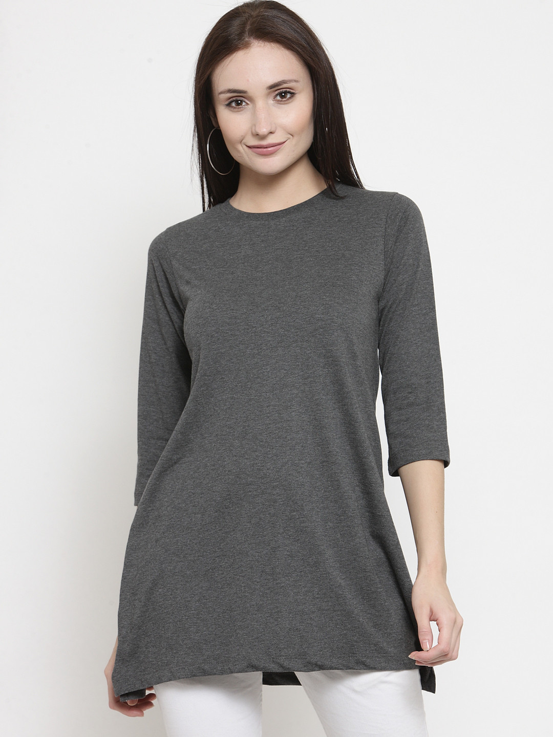 Kalt Women Grey Melange Solid Round Neck T-shirt