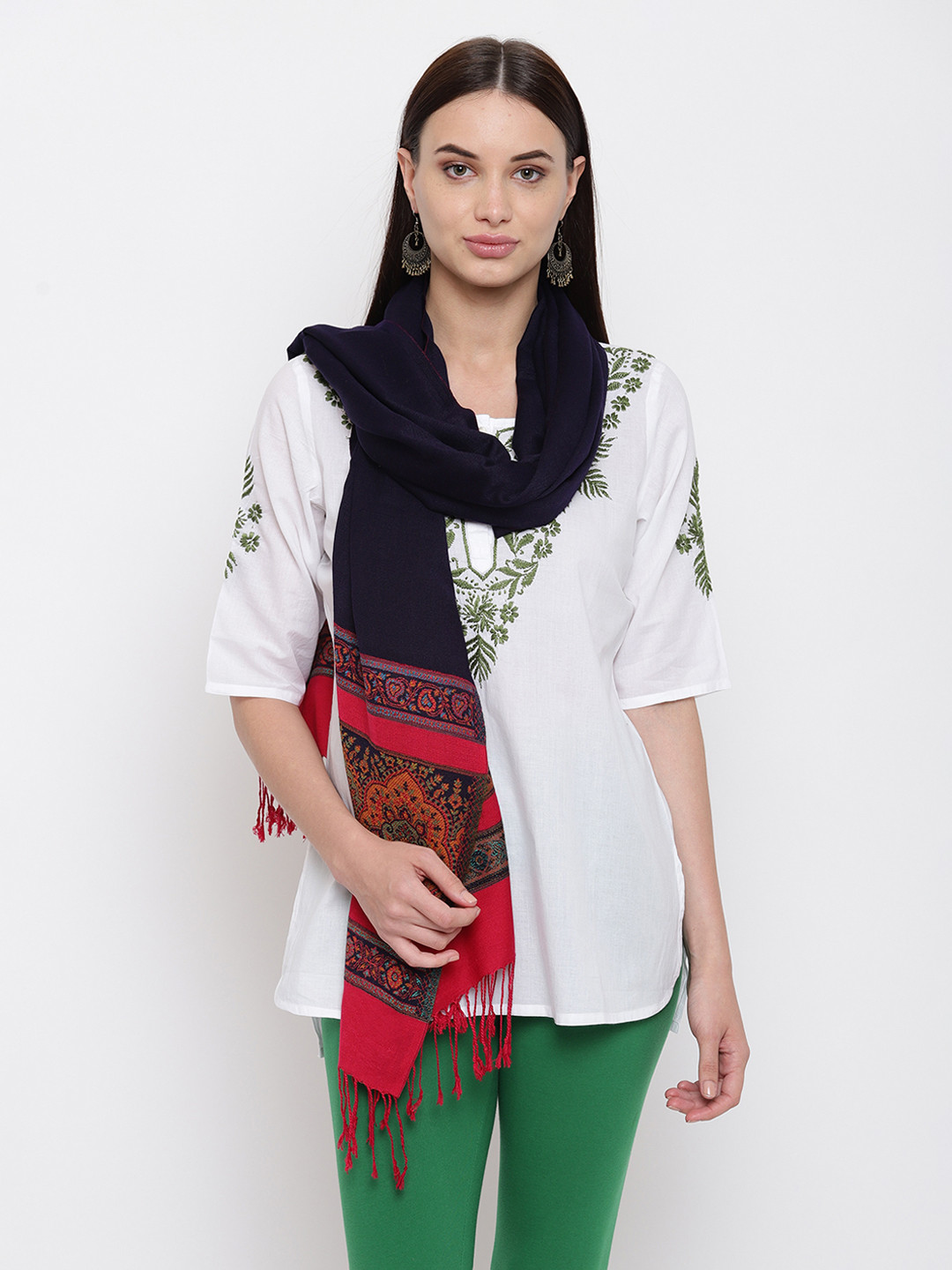 HK colours of fashion Women Navy Blue & Red Woven Design Stole