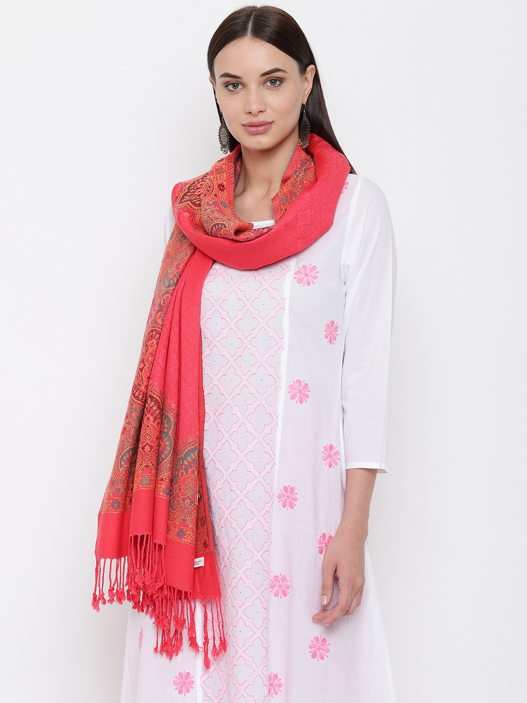 HK colours of fashion Coral Pink Woven Design Shawl