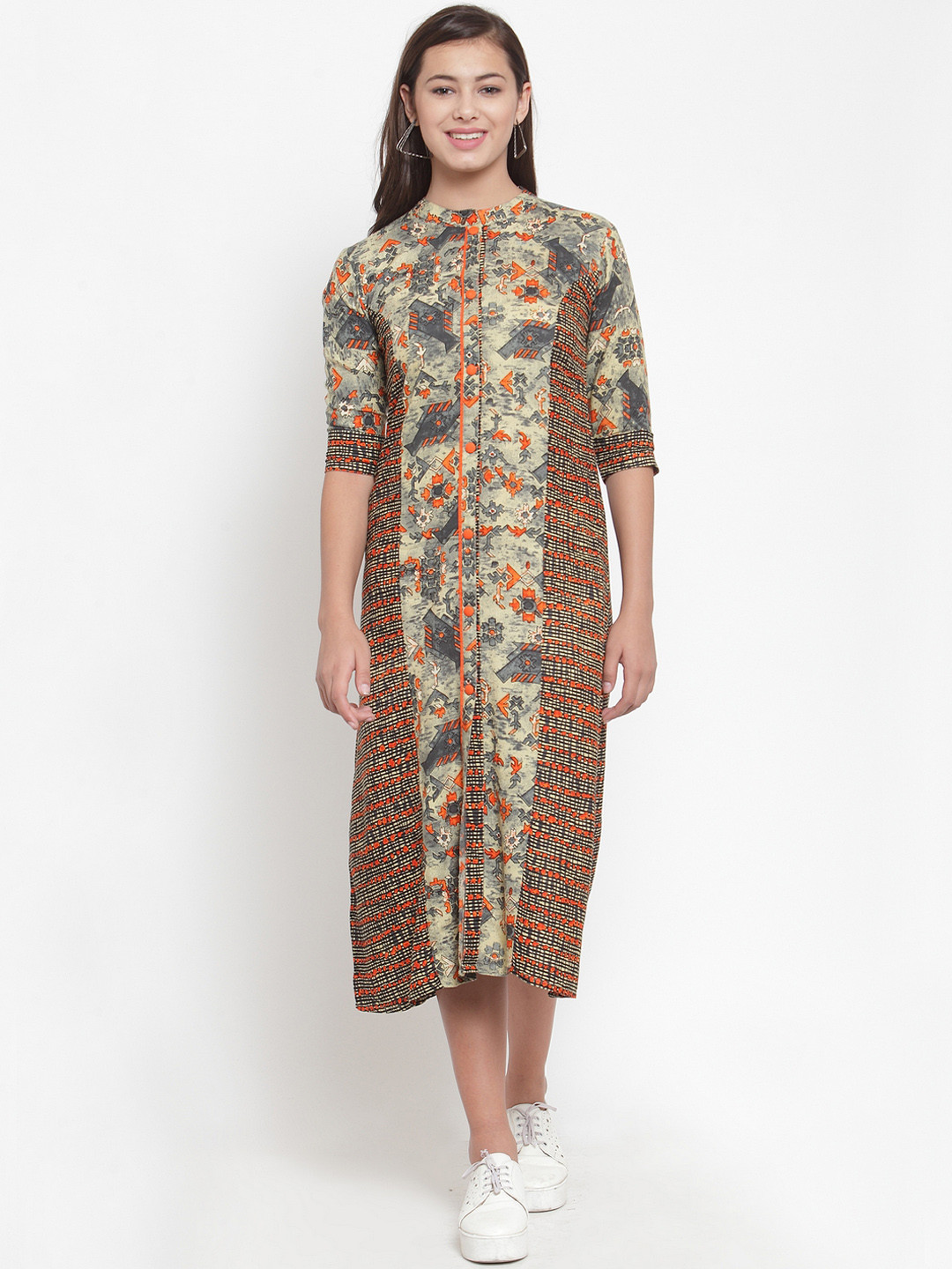 Indibelle Women Orange Printed A-Line Dress