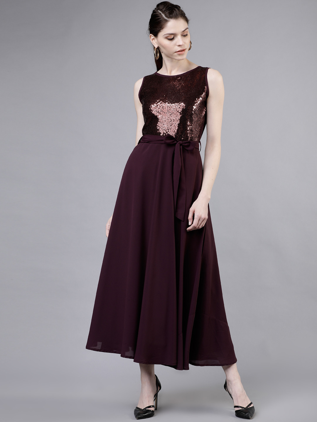 Tokyo Talkies Women Purple Embellished Fit and Flare Dress