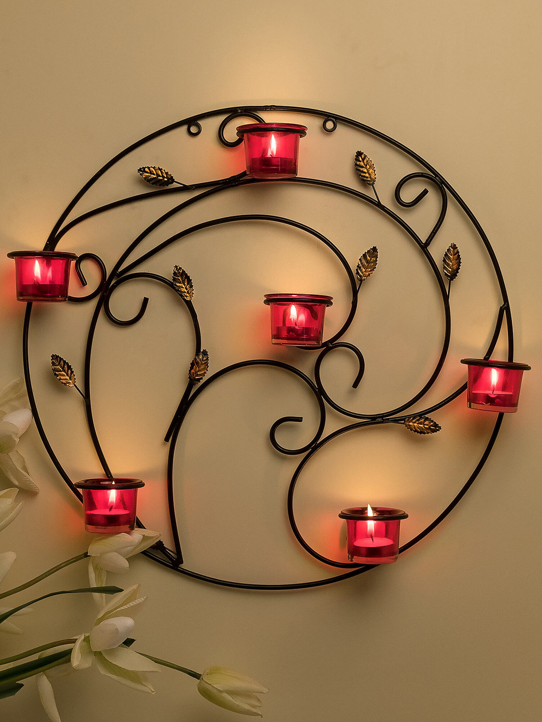 Homesake Red Round Leafy Touch Wall Tealight Holder with 6 Cups