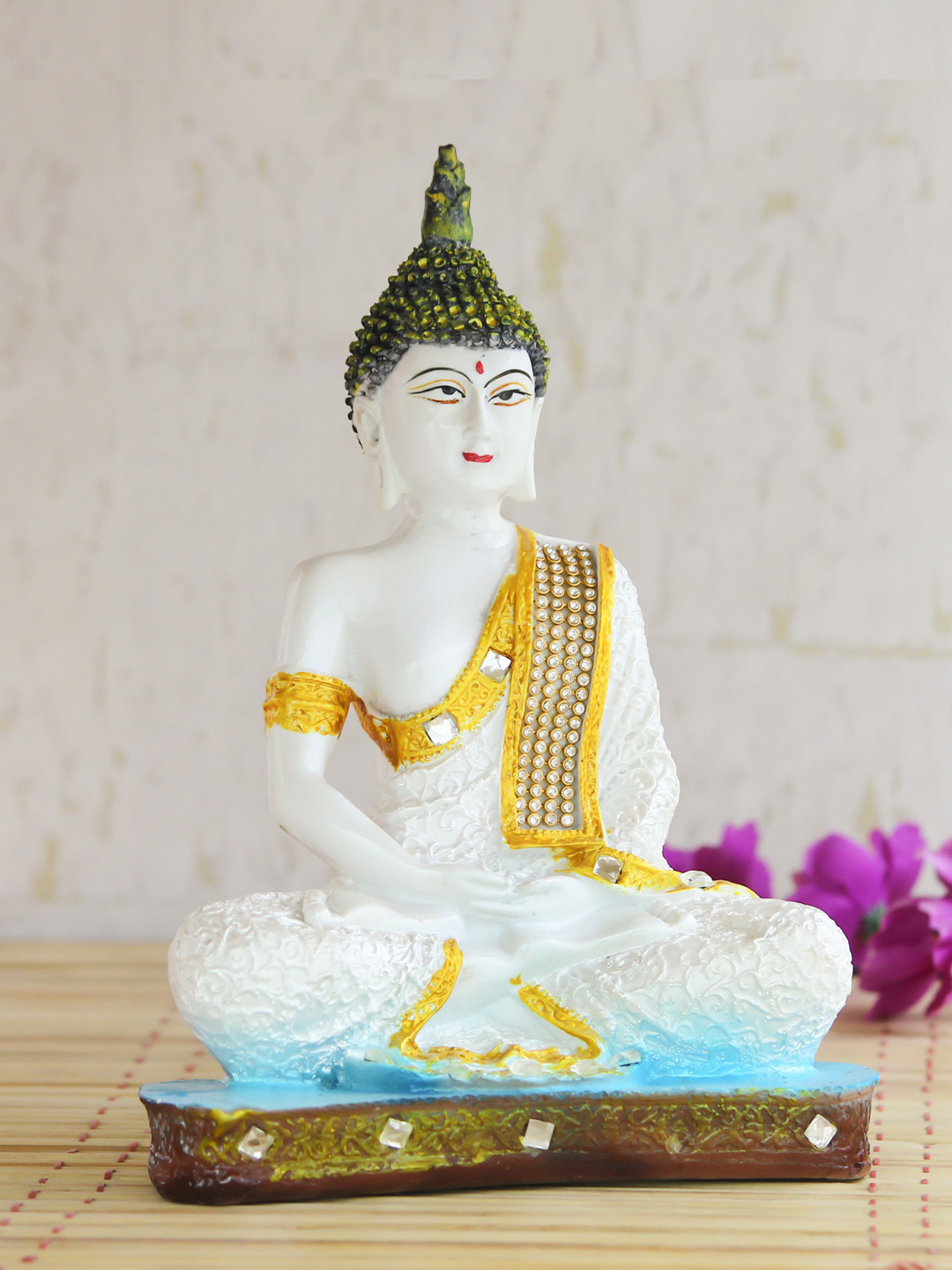 eCraftIndia Buddha White Polyresin Glossy Living Room Small Showpiece - 8.7 Inches