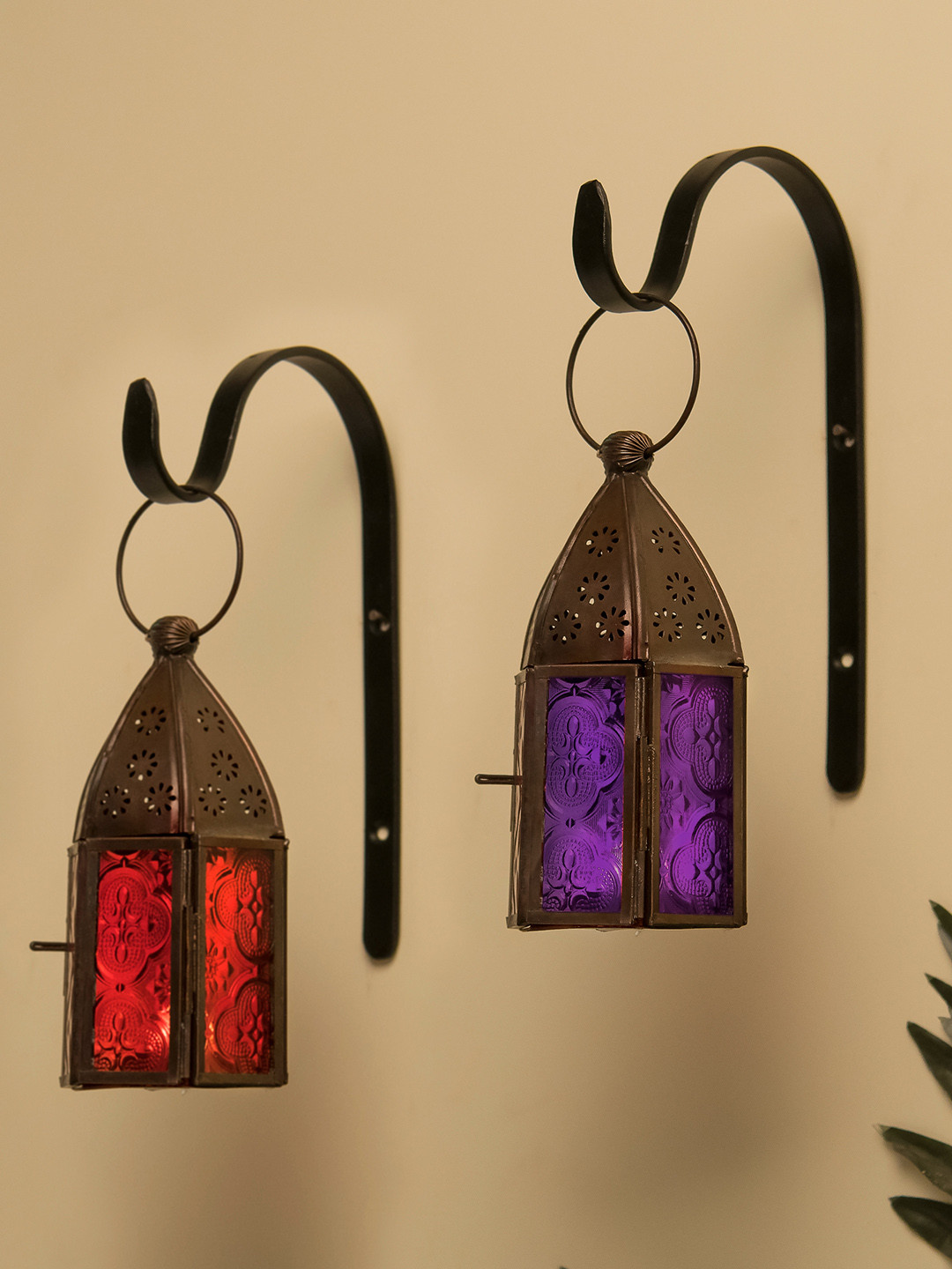 Homesake Set of 2 Antique Copper-Toned Moroccan Lantern Candle Holder With Wall Hook