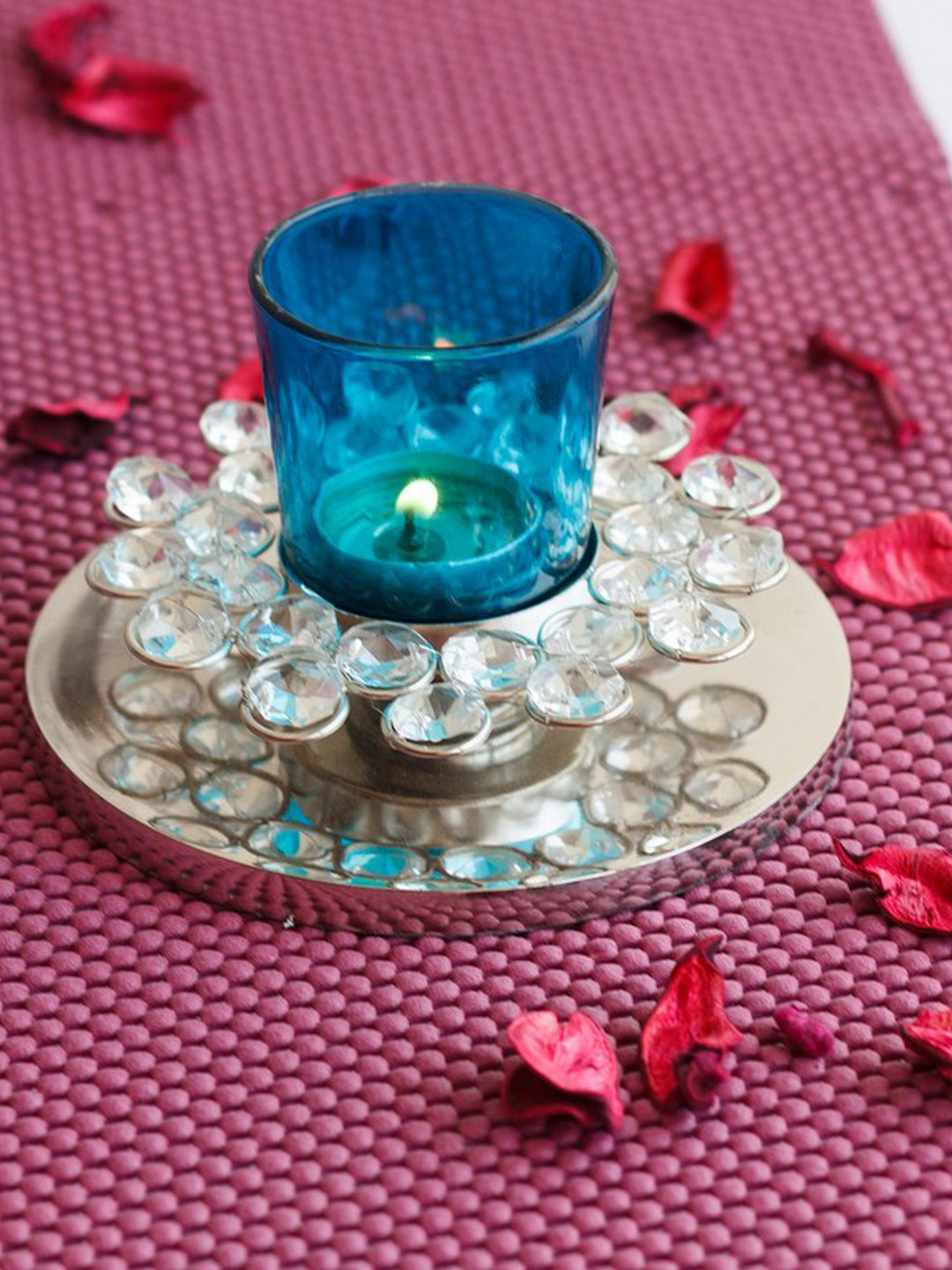 eCraftIndia Silver-Toned & Blue Fancy Flower Shape Crystal Tea Light Candle Holder