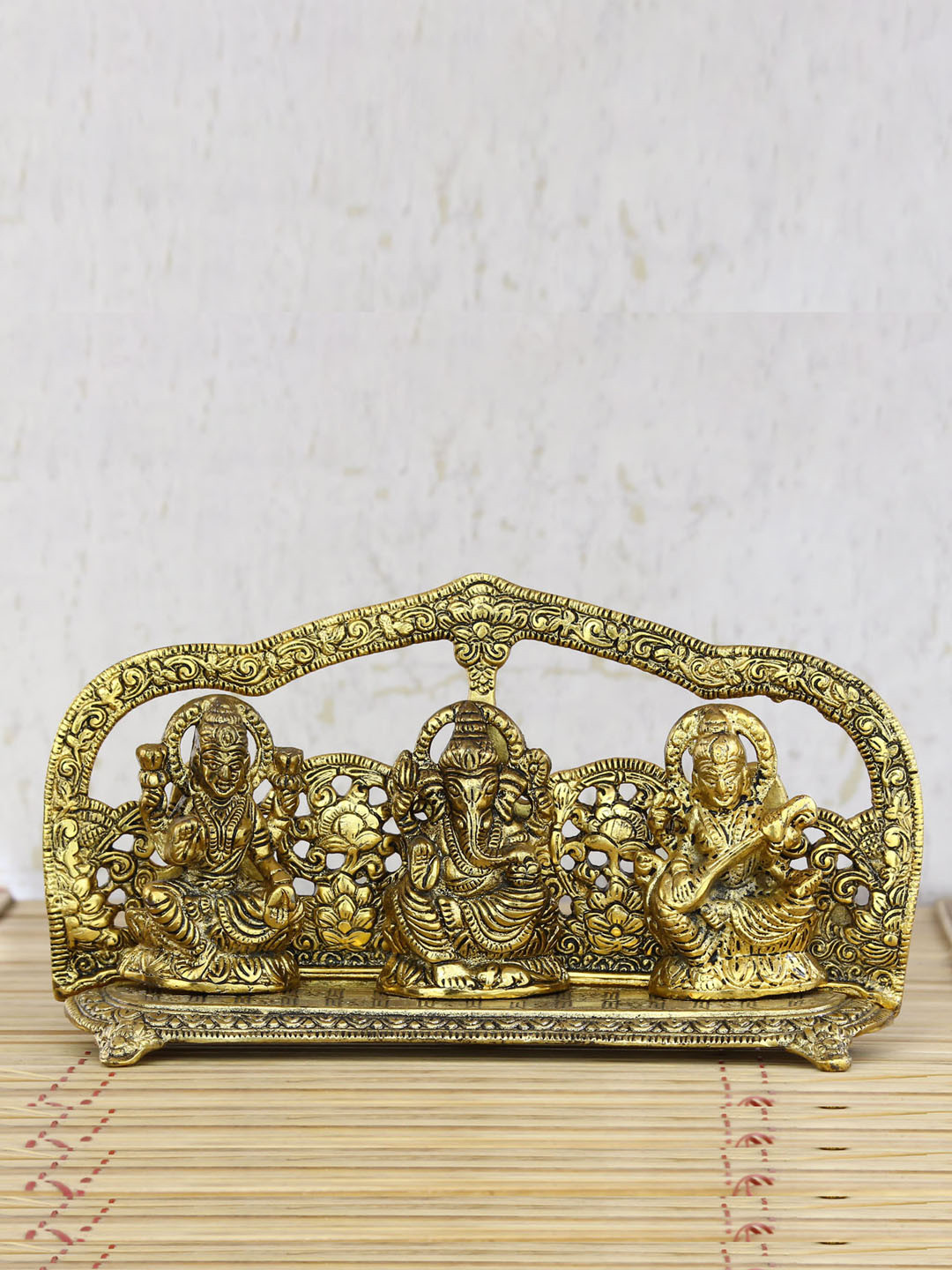 eCraftIndia Golden Laxmi Ganesha Saraswati Gold Metal Metallic Prayer Room Medium Showpiece - 5.1 Inches