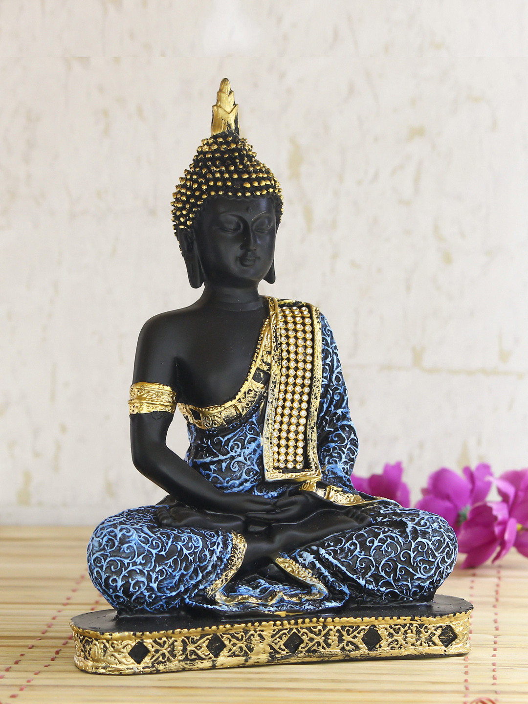 eCraftIndia Meditating Buddha Blue Polyresin Glossy Living Room Medium Showpiece - 8.7 Inches
